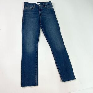 Good American Slim Straight Jeans Womens 4/27 Blue High Rise Tapered Raw Hem